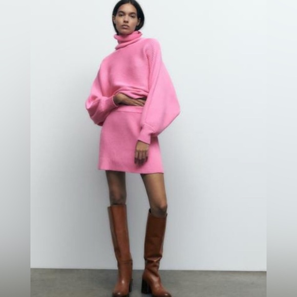 Zara Sweaters - Zara Pink Turtleneck Sweater and Skirt Set with Ribbed Texture